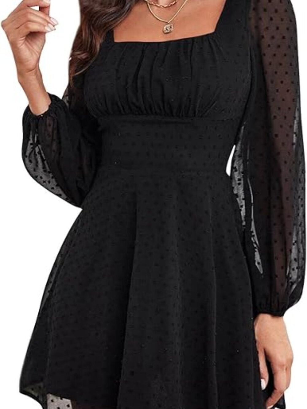 LYANER Black Woven Swiss Dot Square Neck Mini Dress, Size M